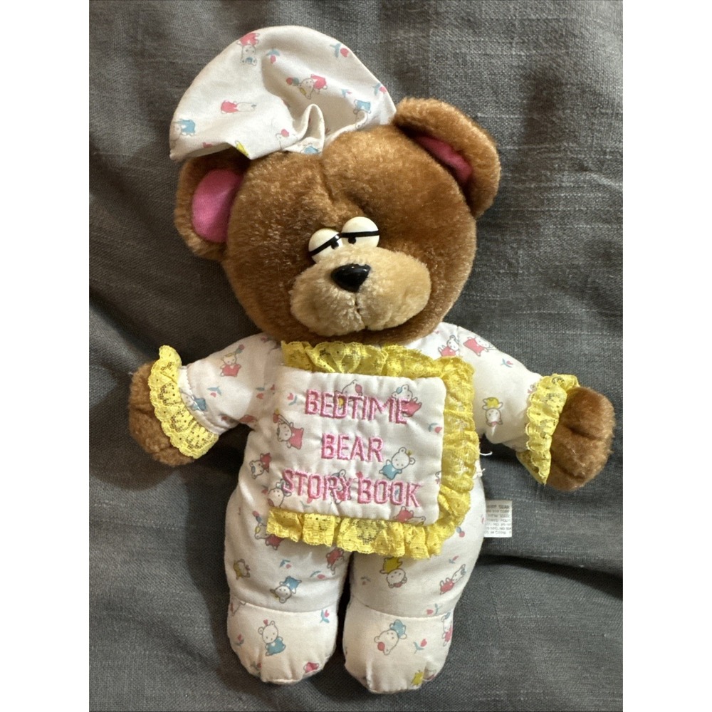 1980s Tara Toy BEDTIME BEAR STORYBOOK 9" Plush Tummy Book Pk/Ylo Vintage Teddy
